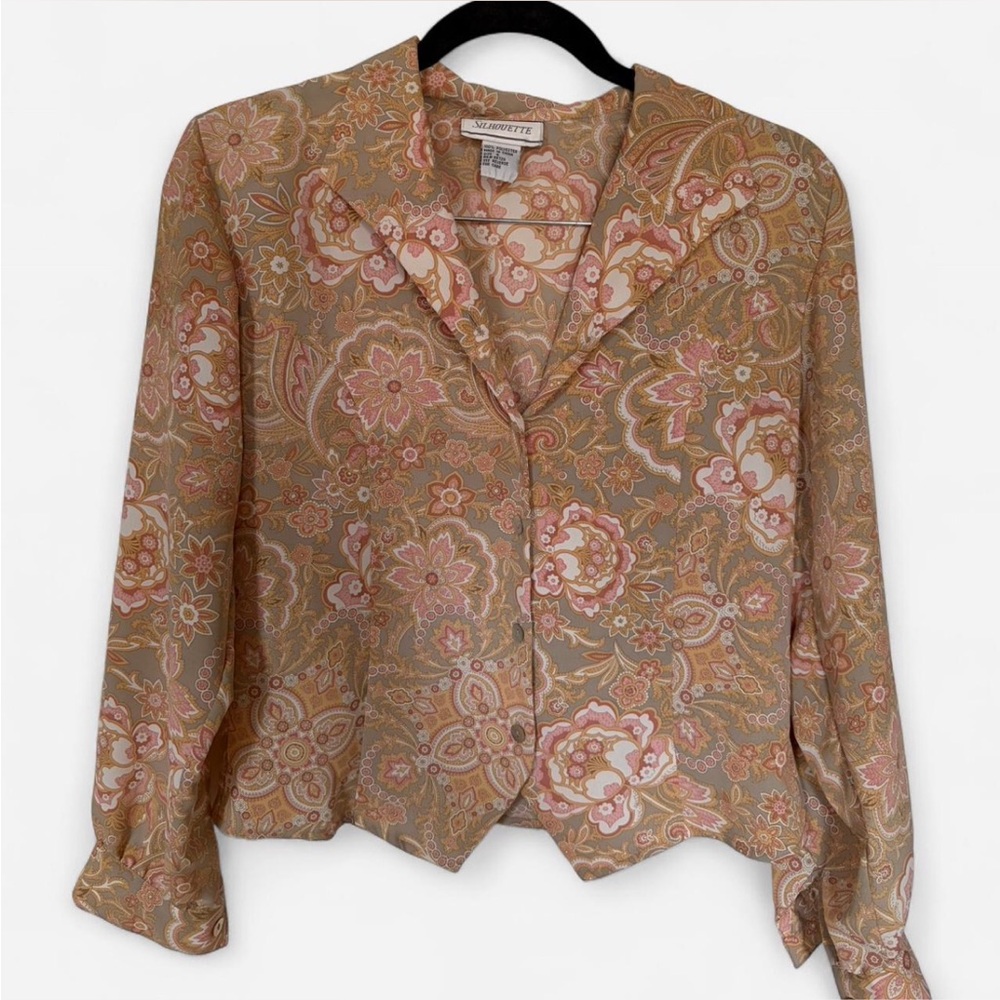 Silhouette Floral Paisley Blouse in Pink, Peach and Tan